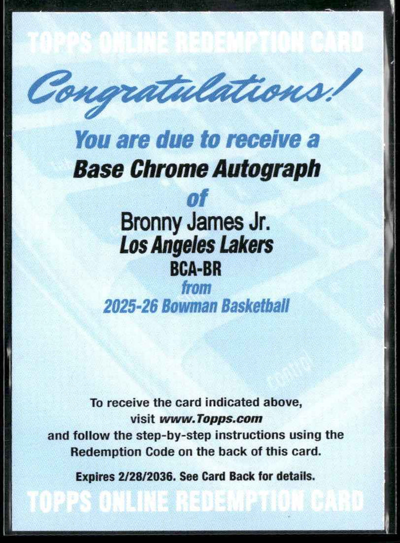 2025-26 Bowman Basketball Topps Online Redemption Card Bronny James Jr. #