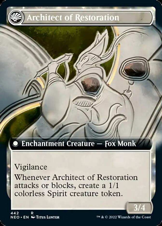 The Restoration of Eiganjo // Architect of Restoration (NEO-442) - Kamigawa: Neon Dynasty: (Extended Art, fandfc, enchantment)